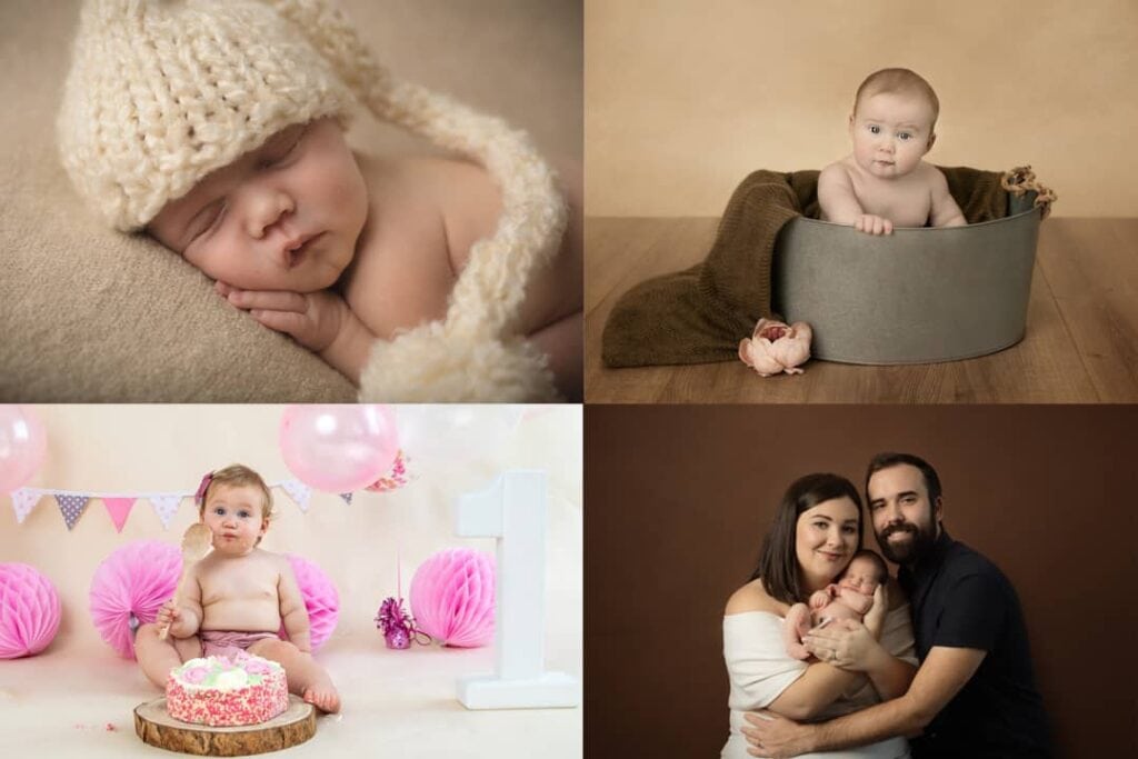 A collage of four photos: a sleeping baby in a knitted hat, a baby in a bath, a baby with a cake and pink decorations, and a family portrait with two parents holding a baby. Drawn by Light Photography